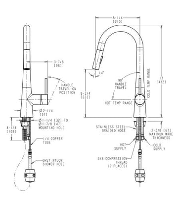 Drawing of pull-down faucet unit with hoses and weight