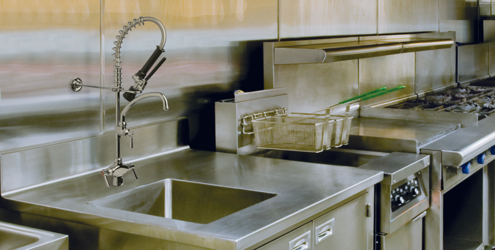 Dishwashing sink with commercial kitchen pre-rinse faucets